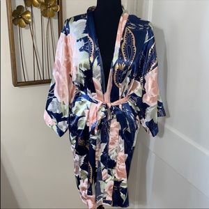 Floral blue & pink satin robe size M